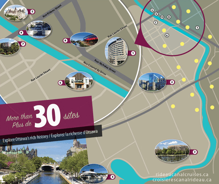 Electric UNESCO Canal Cruise: Map highlighting over 30 sites for the 2 Day Ottawa Bus and Canal Tour, showcasing Ottawa's rich history and landmarks. 1 Day Ottawa Bus and Canal Tour: Hop-on Hop Off & UNESCO Canal Cruise